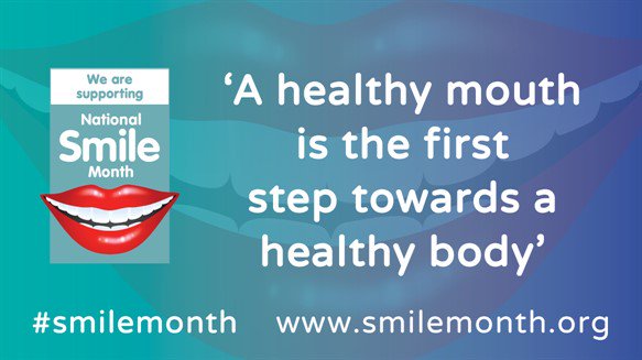 'A healthy mouth is the first step towards a health body' written in white text on a turquoise and blue background.