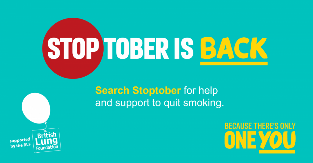 Stoptober poster turquoise green background with white and yellow text.